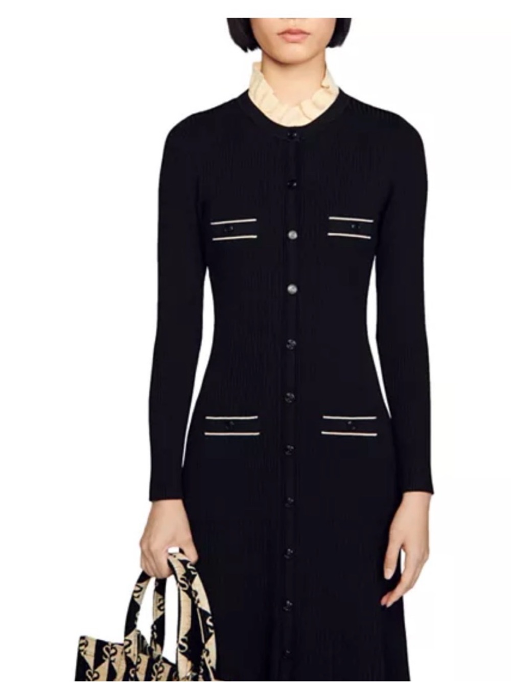 Sandro Black Ribbed Midi Dress with Cream Trim - Picture 2 of 7